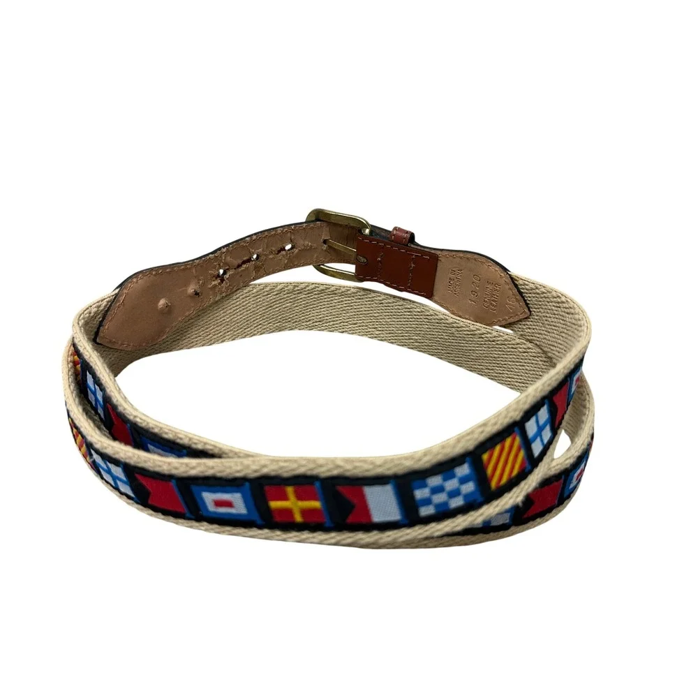 Vintage Nautical Flag Canvas Leather Belt Made in Argentina Brown Brass Size 46